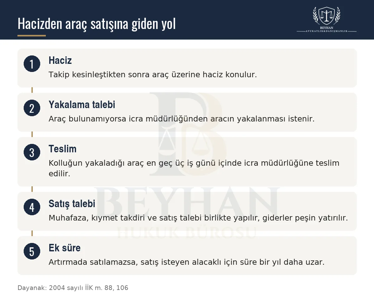 Haciz, yakalama talebi, teslim, satış talebi ve ek süre adımlarını gösteren araç haczi şeması