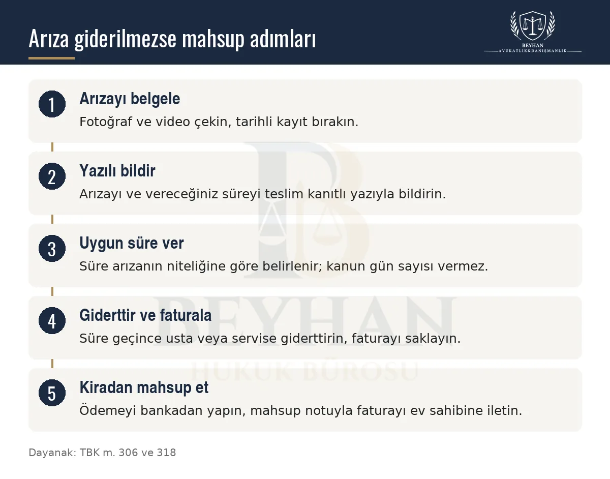 Ev sahibi arızayı gidermediğinde bildirimden mahsuba uzanan beş adımlık bilgi şeması