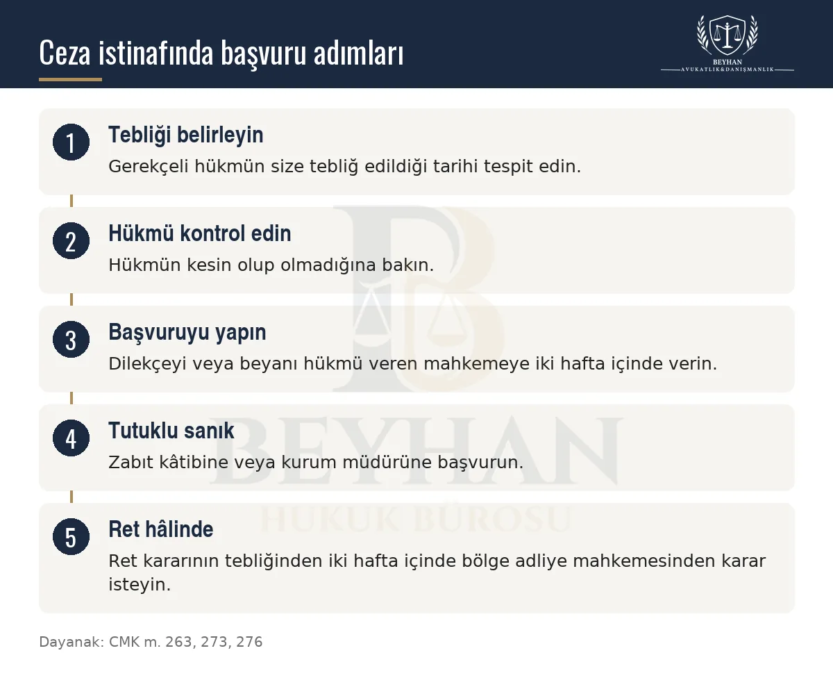 Ceza davasında istinaf başvurusunun tebliğden ret kararına kadar adımlarını gösteren bilgi şeması