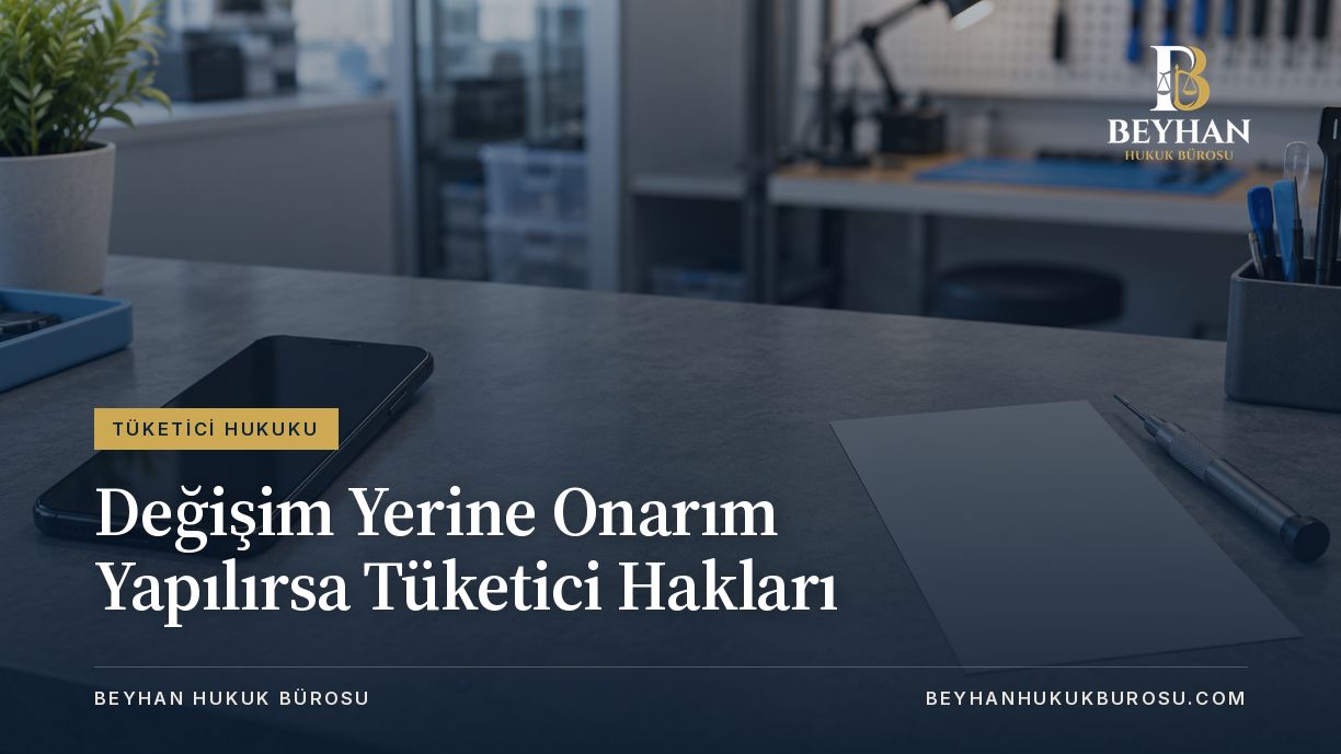 Değişim yerine onarım konulu kapakta servis tezgâhında telefon, teslim belgesi ve onarım aleti.