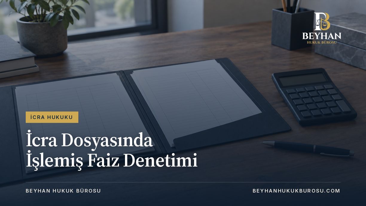 İşlemiş faiz denetimi konulu kapakta hesap makinesi ve belge dosyası.