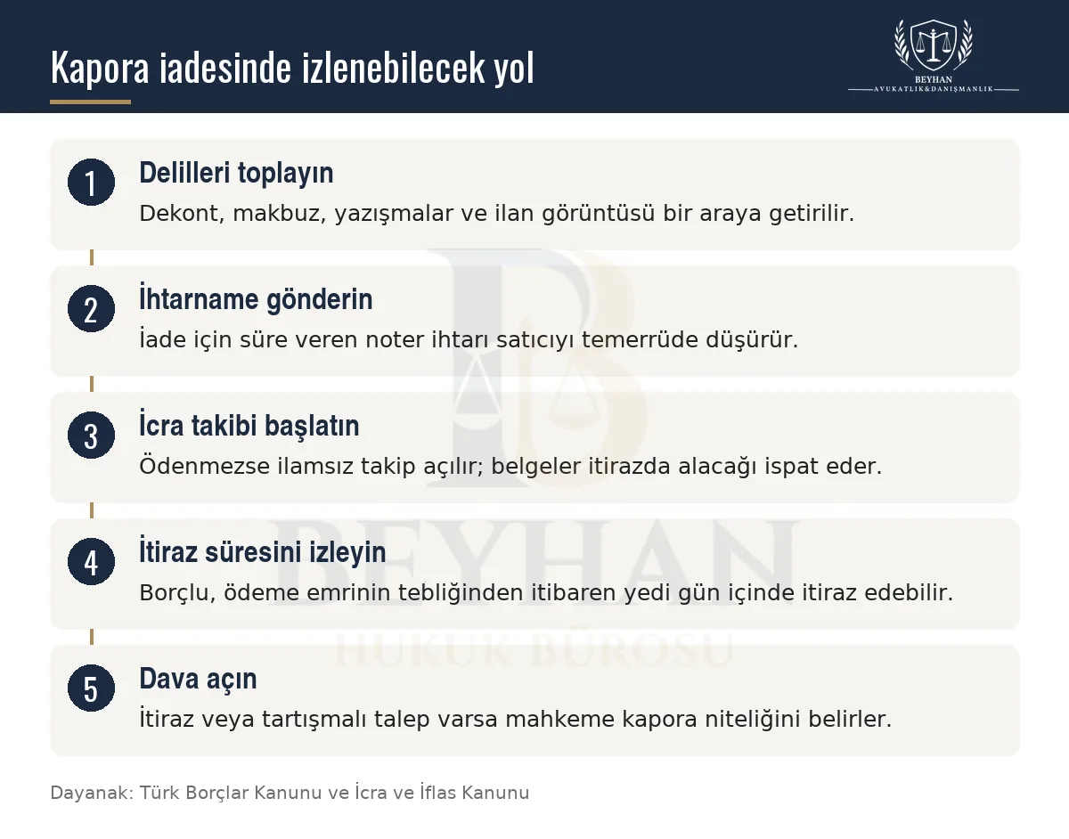 Kapora iadesinde delil, ihtarname, icra takibi, itiraz süresi ve dava sırasını gösteren bilgi şeması