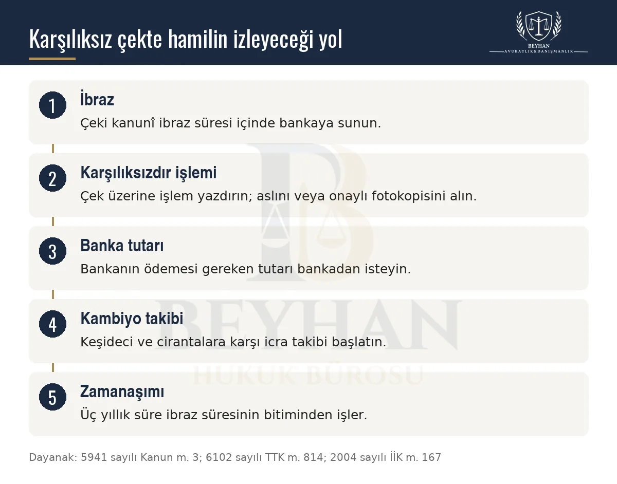 Karşılıksız çekte ibraz, karşılıksızdır işlemi, banka tutarı, icra takibi ve zamanaşımı sırası