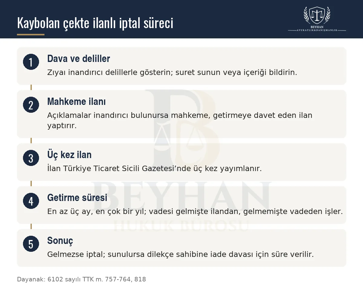 Kaybolan çekin ilanla iptal davasındaki aşamaları gösteren beş adımlı bilgi şeması