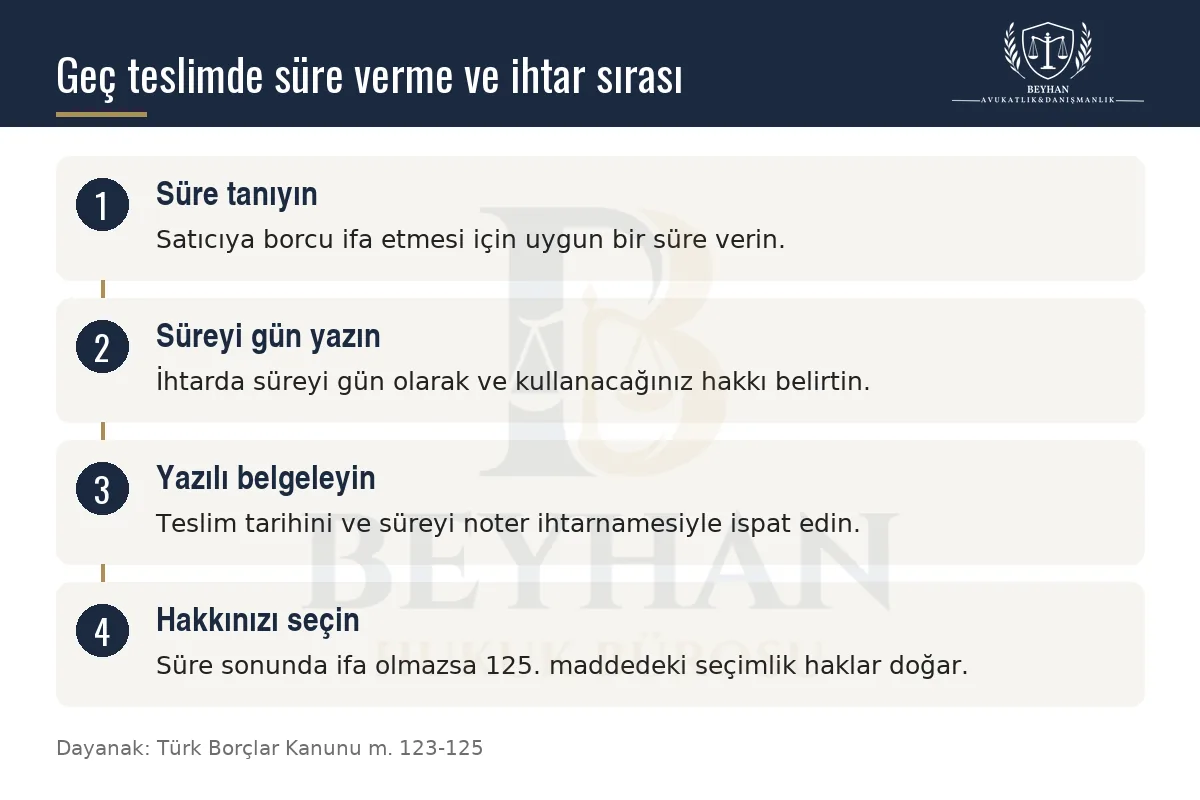 Geç teslimde süre verme, ihtarı yazma, belgeleme ve seçimlik hakları gösteren dört adımlı şema