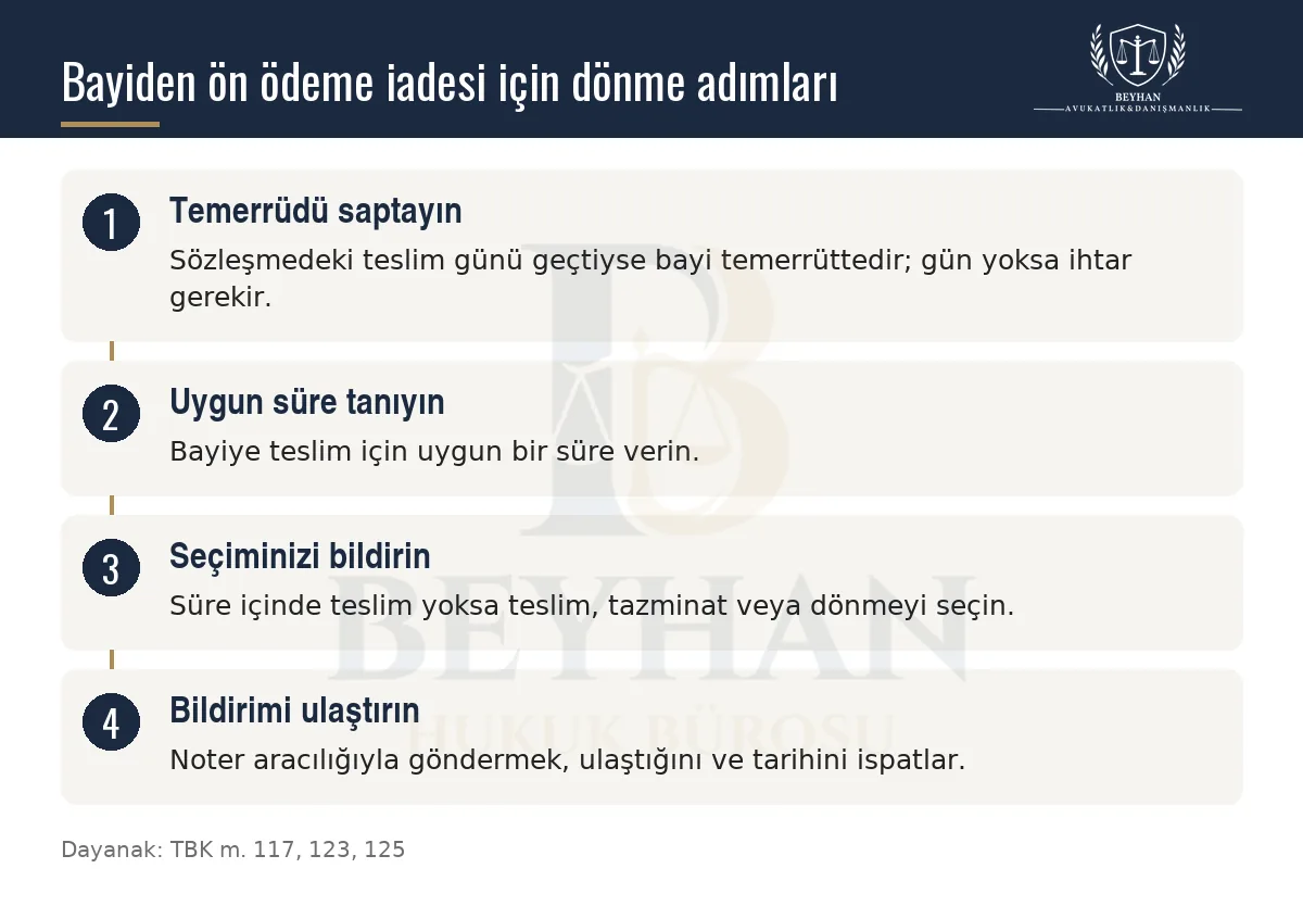 Bayi teslim etmediğinde temerrüt, süre verme, seçim bildirimi ve bildirimin ulaşması adımları