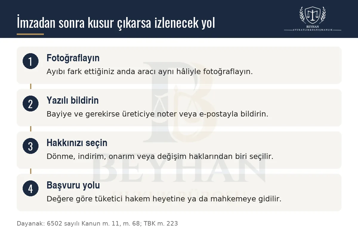 Sıfır araçta imzadan sonra çıkan kusur için bildirim, hak seçimi ve başvuru adımlarını gösteren bilgi şeması