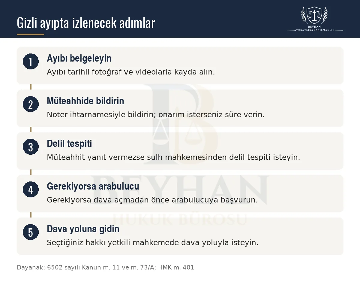 Yeni dairedeki gizli ayıpta bildirimden dava aşamasına uzanan adımları gösteren bilgi şeması